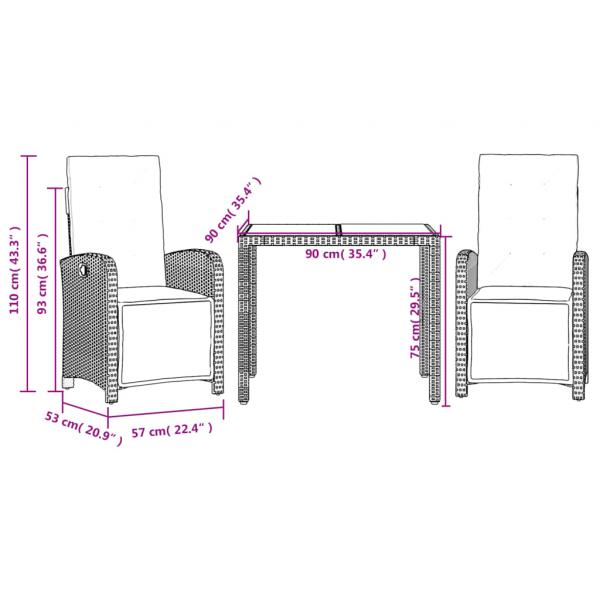 3-tlg. Bistro-Set mit Kissen Schwarz Poly Rattan