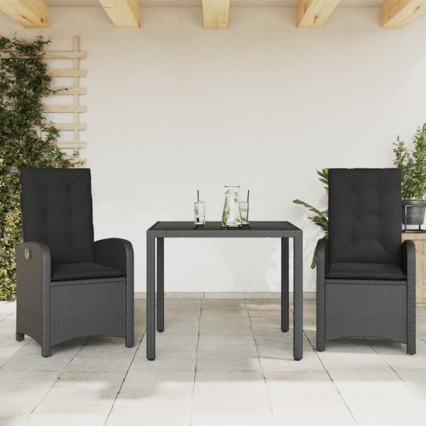 ARDEBO.de - 3-tlg. Garten-Essgruppe mit Kissen Schwarz Poly Rattan