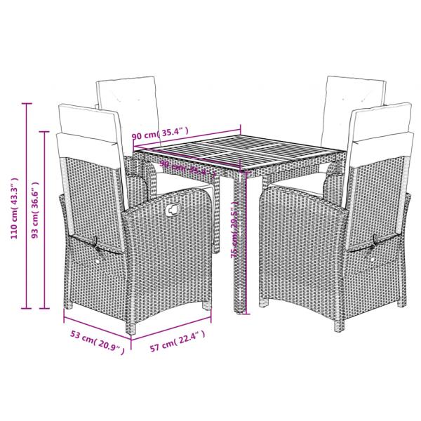 5-tlg. Garten-Essgruppe mit Kissen Schwarz Poly Rattan