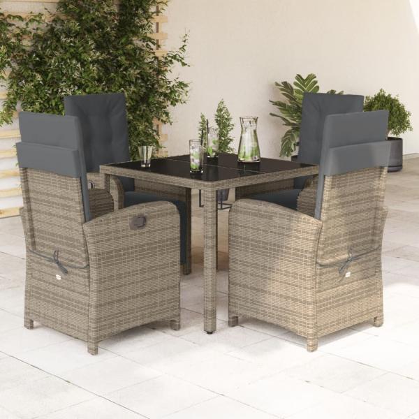 ARDEBO.de - 5-tlg. Garten-Essgruppe mit Kissen Grau Poly Rattan