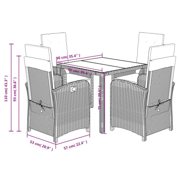 5-tlg. Garten-Essgruppe mit Kissen Grau Poly Rattan