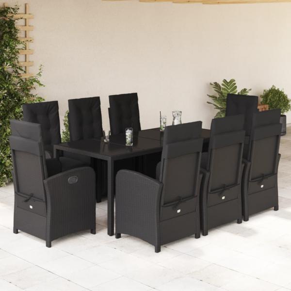 ARDEBO.de - 9-tlg. Garten-Essgruppe mit Kissen Schwarz Poly Rattan