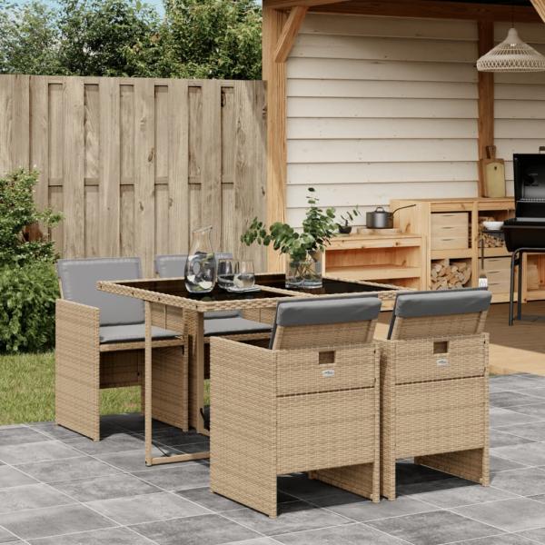 ARDEBO.de - 5-tlg. Garten-Essgruppe mit Kissen Beigemischung Poly Rattan