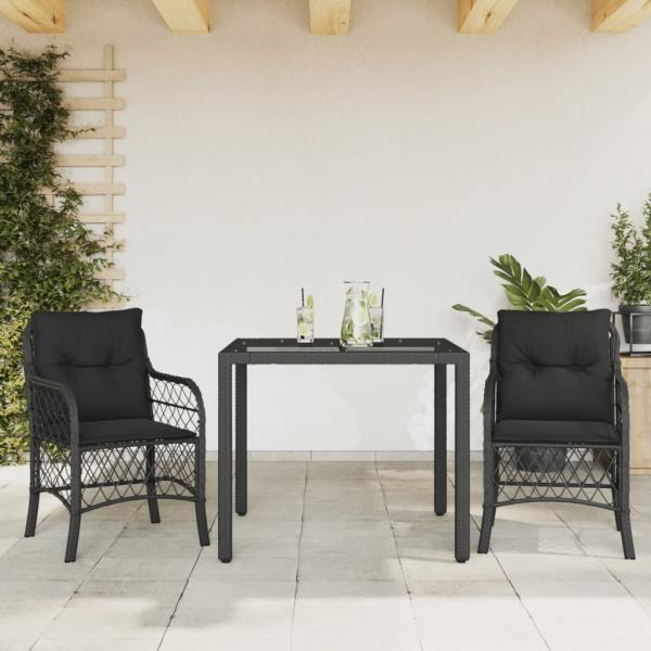 ARDEBO.de - 3-tlg. Bistro-Set mit Kissen Schwarz Poly Rattan