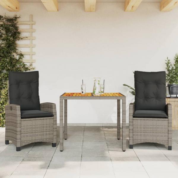 ARDEBO.de - 3-tlg. Garten-Essgruppe mit Kissen Grau Poly Rattan