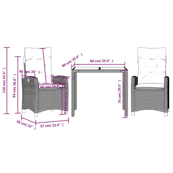 3-tlg. Garten-Essgruppe mit Kissen Grau Poly Rattan