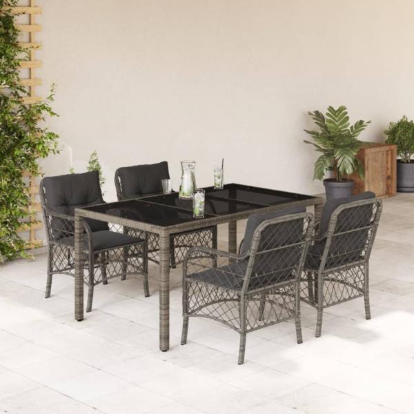 ARDEBO.de - 5-tlg. Garten-Essgruppe mit Kissen Grau Poly Rattan