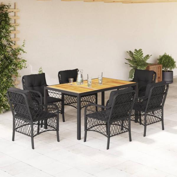 ARDEBO.de - 7-tlg. Garten-Essgruppe mit Kissen Schwarz Poly Rattan