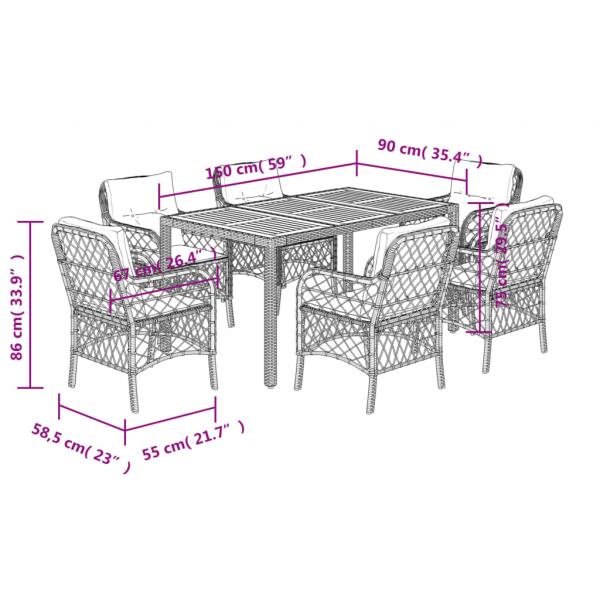 7-tlg. Garten-Essgruppe mit Kissen Schwarz Poly Rattan