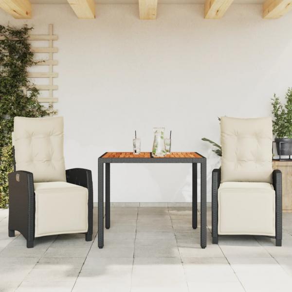 ARDEBO.de - 3-tlg. Garten-Essgruppe mit Kissen Schwarz Poly Rattan