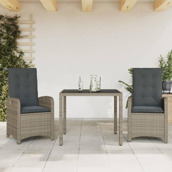 ARDEBO.de - 3-tlg. Garten-Essgruppe mit Kissen Grau Poly Rattan