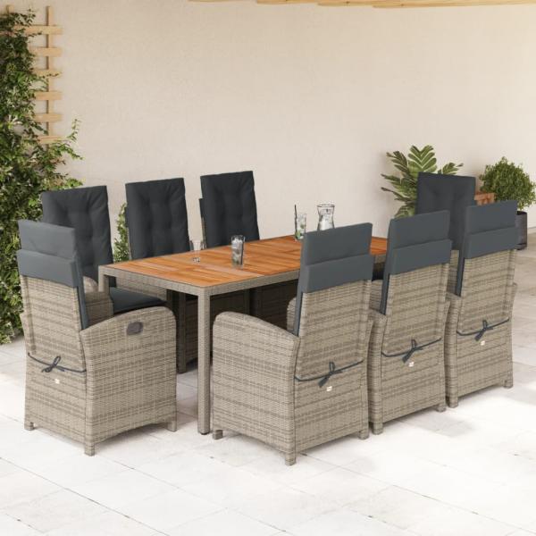 ARDEBO.de - 9-tlg. Garten-Essgruppe mit Kissen Grau Poly Rattan