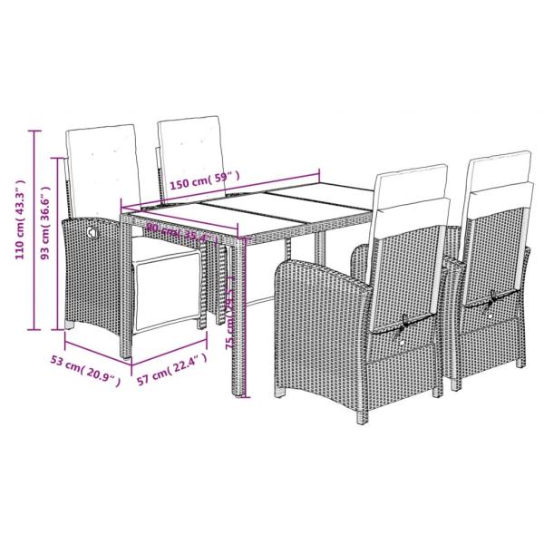 5-tlg. Garten-Essgruppe mit Kissen Grau Poly Rattan