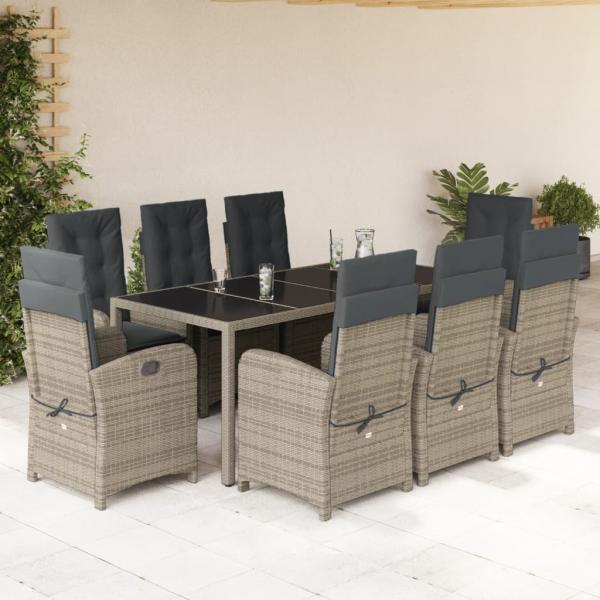 ARDEBO.de - 9-tlg. Garten-Essgruppe mit Kissen Grau Poly Rattan