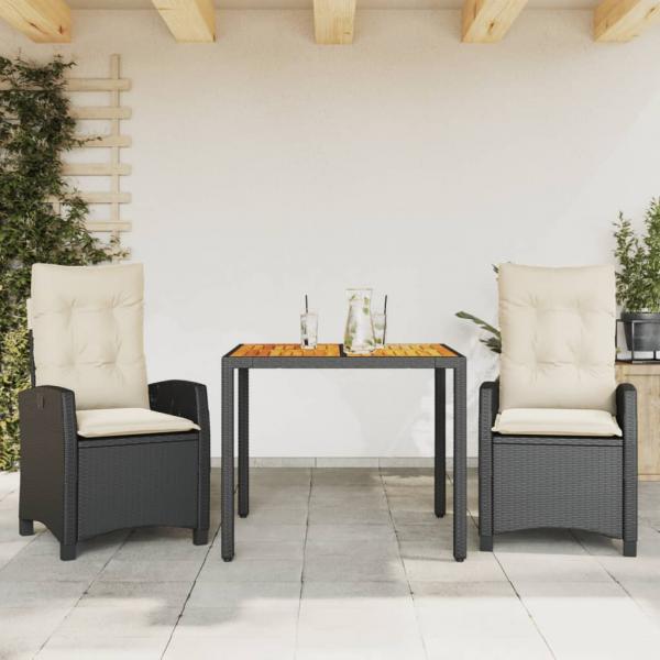 ARDEBO.de - 3-tlg. Garten-Essgruppe mit Kissen Schwarz Poly Rattan