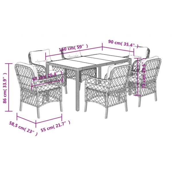 7-tlg. Garten-Essgruppe mit Kissen Schwarz Poly Rattan