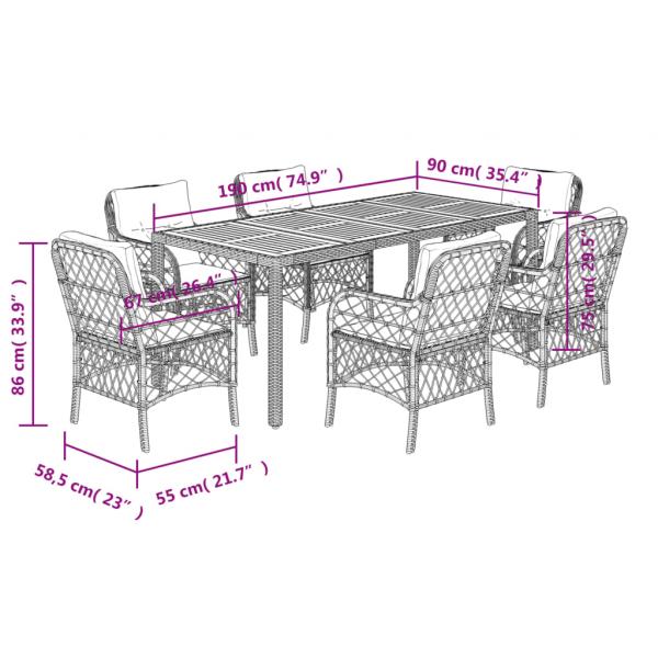 7-tlg. Garten-Essgruppe mit Kissen Grau Poly Rattan