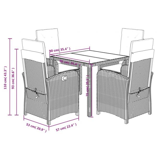 5-tlg. Garten-Essgruppe mit Kissen Schwarz Poly Rattan