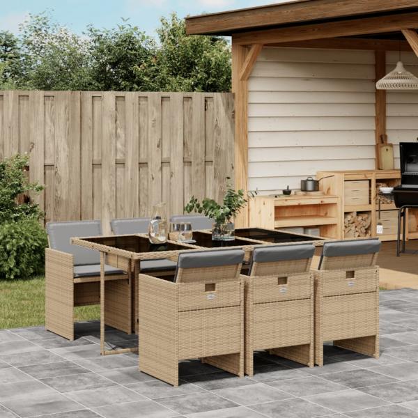 ARDEBO.de - 7-tlg. Garten-Essgruppe mit Kissen Beigemischung Poly Rattan