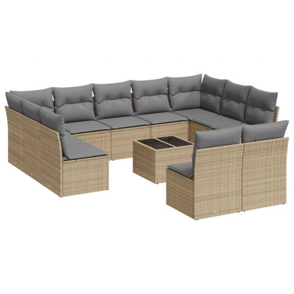 12-tlg. Garten-Sofagarnitur mit Kissen Beige Poly Rattan