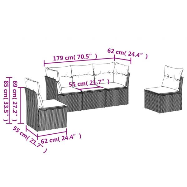 5-tlg. Garten-Sofagarnitur mit Kissen Grau Poly Rattan