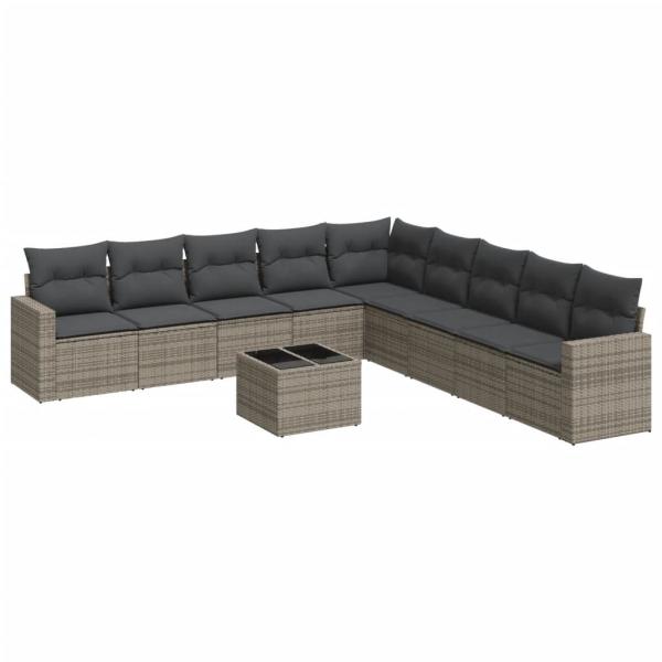 10-tlg. Garten-Sofagarnitur mit Kissen Grau Poly Rattan