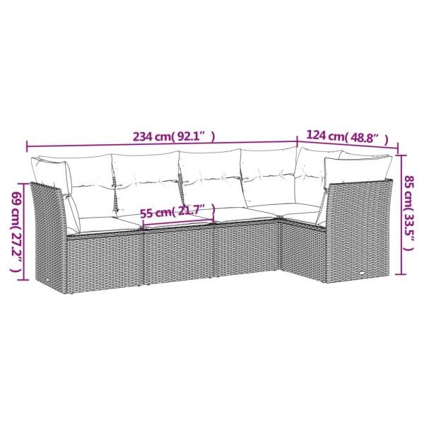 5-tlg. Garten-Sofagarnitur mit Kissen Grau Poly Rattan