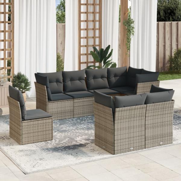 ARDEBO.de - 8-tlg. Garten-Sofagarnitur mit Kissen Grau Poly Rattan