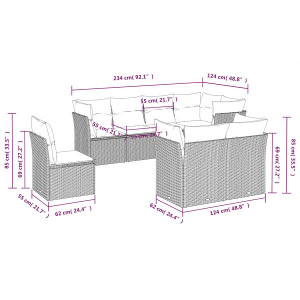 8-tlg. Garten-Sofagarnitur mit Kissen Grau Poly Rattan