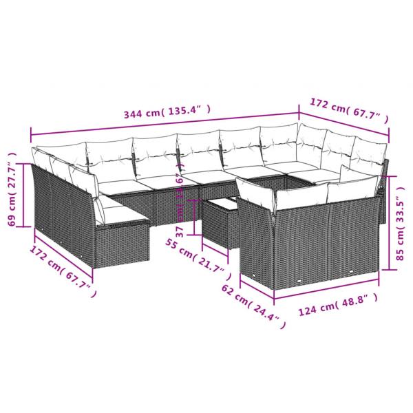 13-tlg. Garten-Sofagarnitur mit Kissen Grau Poly Rattan