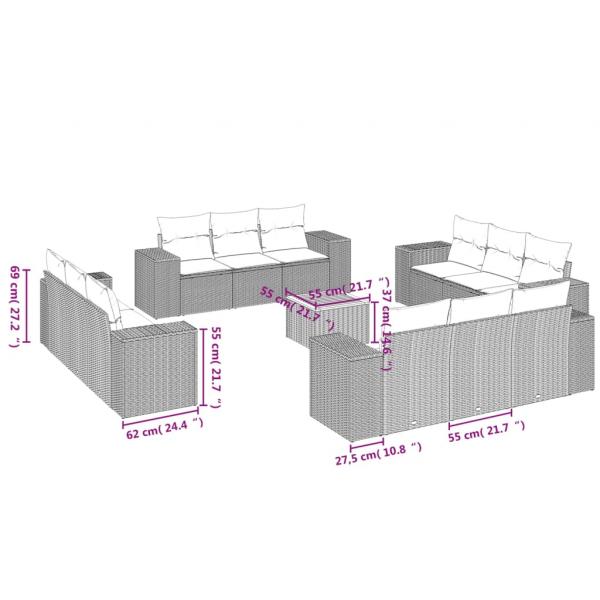 13-tlg. Garten-Sofagarnitur mit Kissen Grau Poly Rattan