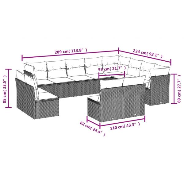 12-tlg. Garten-Sofagarnitur mit Kissen Grau Poly Rattan