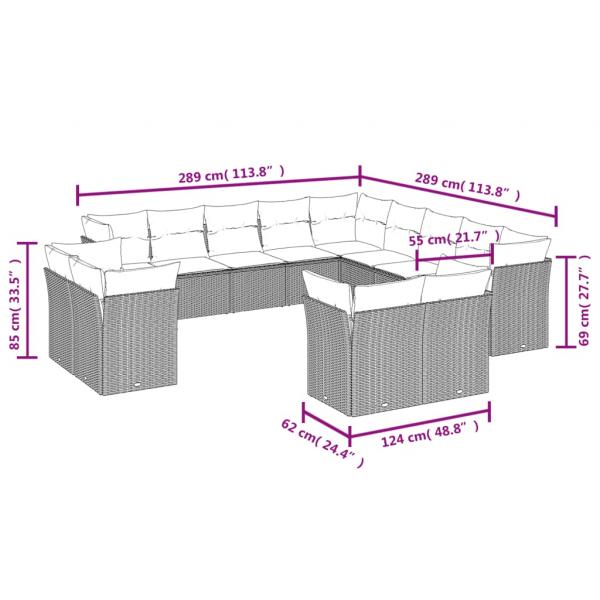 13-tlg. Garten-Sofagarnitur mit Kissen Grau Poly Rattan