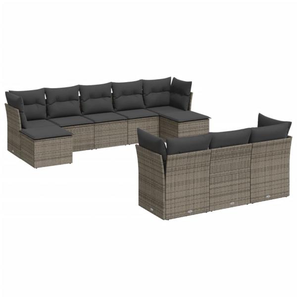 10-tlg. Garten-Sofagarnitur mit Kissen Grau Poly Rattan