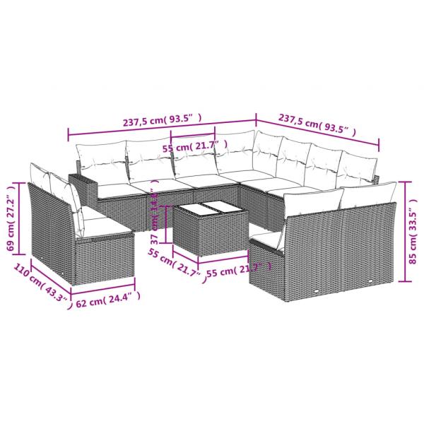 12-tlg. Garten-Sofagarnitur mit Kissen Grau Poly Rattan