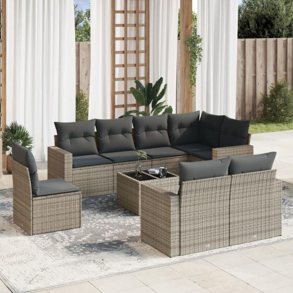 ARDEBO.de - 9-tlg. Garten-Sofagarnitur mit Kissen Grau Poly Rattan