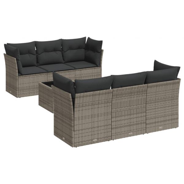 7-tlg. Garten-Sofagarnitur mit Kissen Grau Poly Rattan