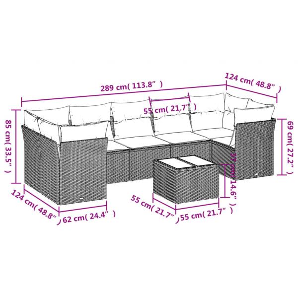 8-tlg. Garten-Sofagarnitur mit Kissen Grau Poly Rattan