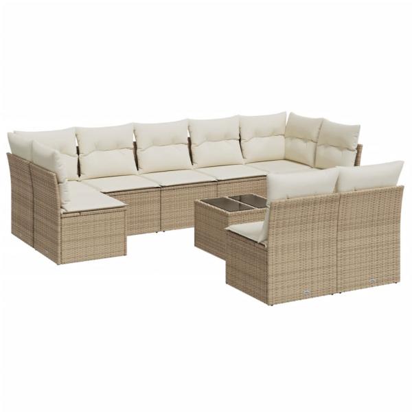 10-tlg. Garten-Sofagarnitur mit Kissen Beige Poly Rattan