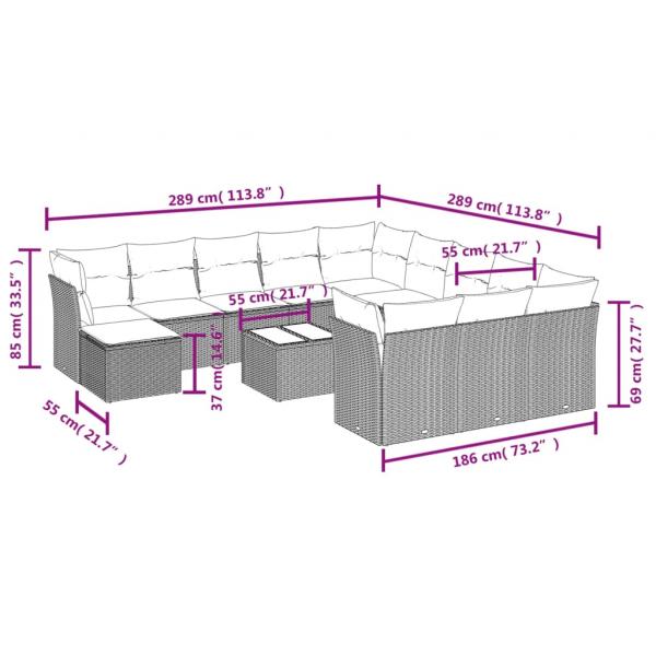 13-tlg. Garten-Sofagarnitur mit Kissen Grau Poly Rattan