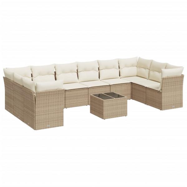 11-tlg. Garten-Sofagarnitur mit Kissen Beige Poly Rattan