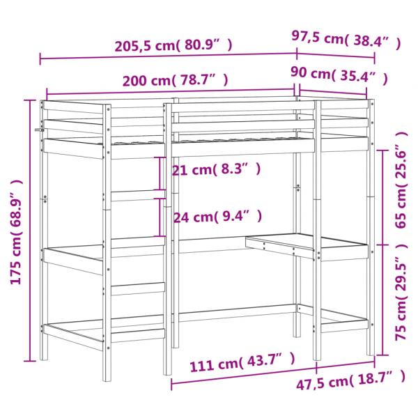 Hochbett mit Schreibtisch 90x200 cm Massivholz Kiefer