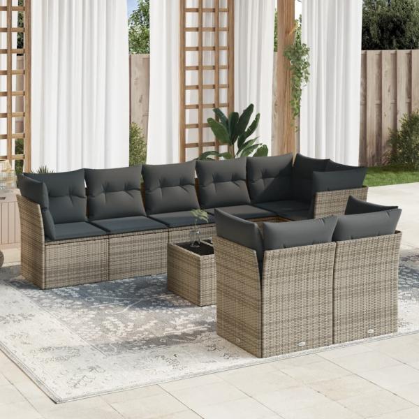 ARDEBO.de - 9-tlg. Garten-Sofagarnitur mit Kissen Grau Poly Rattan