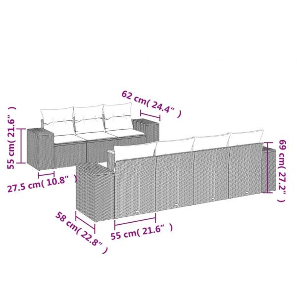 8-tlg. Garten-Sofagarnitur mit Kissen Grau Poly Rattan