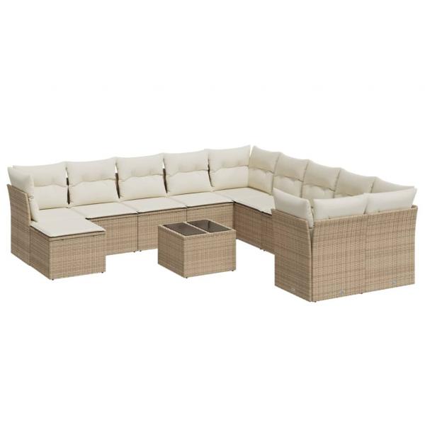 12-tlg. Garten-Sofagarnitur mit Kissen Beige Poly Rattan