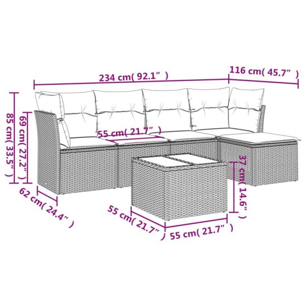 6-tlg. Garten-Sofagarnitur mit Kissen Grau Poly Rattan