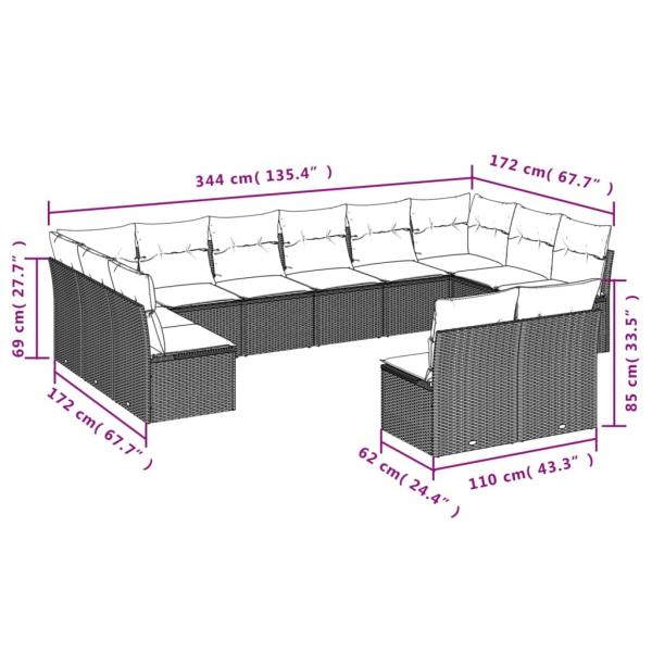 12-tlg. Garten-Sofagarnitur mit Kissen Grau Poly Rattan