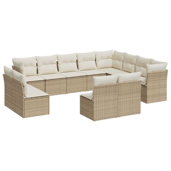 12-tlg. Garten-Sofagarnitur mit Kissen Beige Poly Rattan