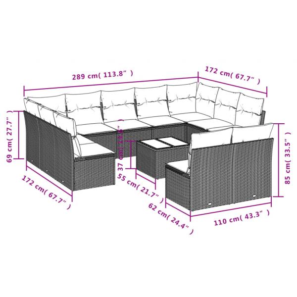 12-tlg. Garten-Sofagarnitur mit Kissen Grau Poly Rattan