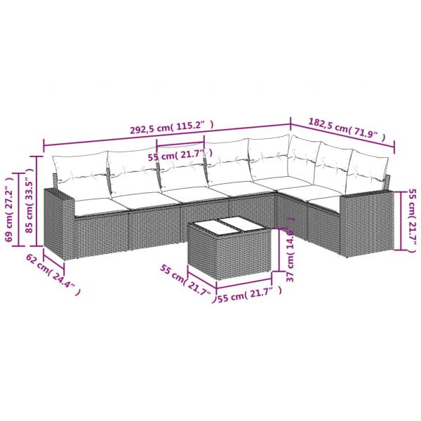 8-tlg. Garten-Sofagarnitur mit Kissen Grau Poly Rattan